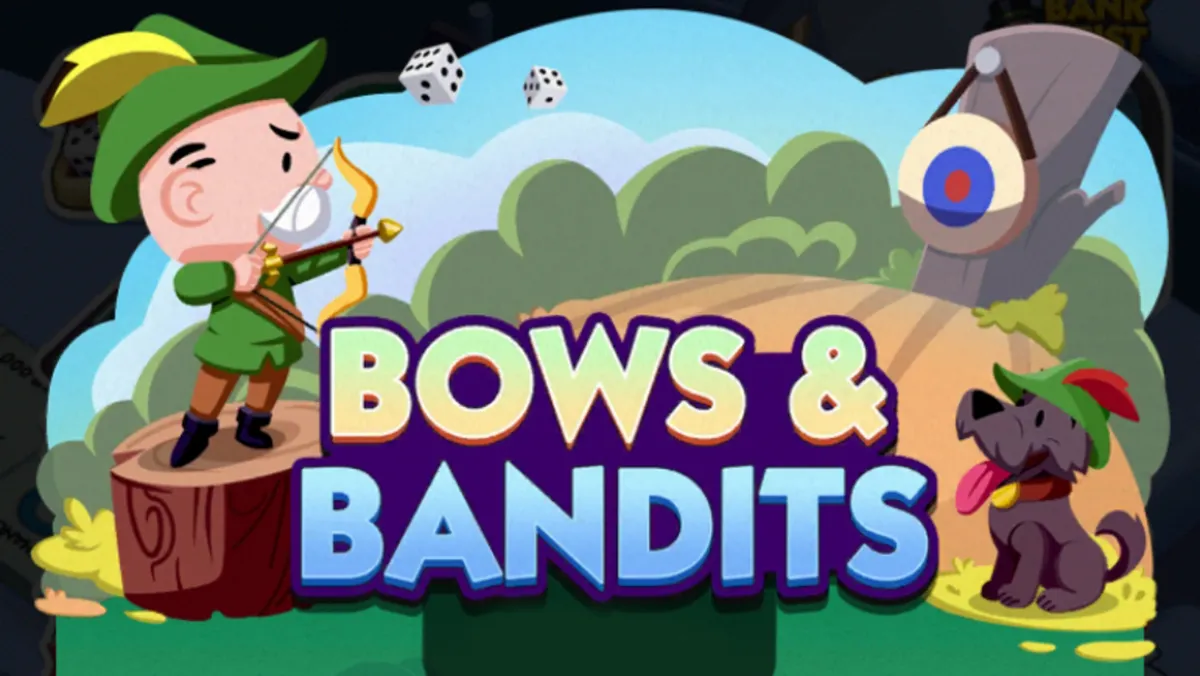 A header-sized image for the Bows & Bandits event in Monopoly GO that shows Rich Uncle Pennybags dressed up like Robin Hood and shooting at a target.