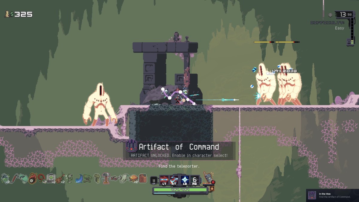 How to Get the Artifact of Command in Risk of Rain Returns. This image shows the Huntress having unlocked the artifact.