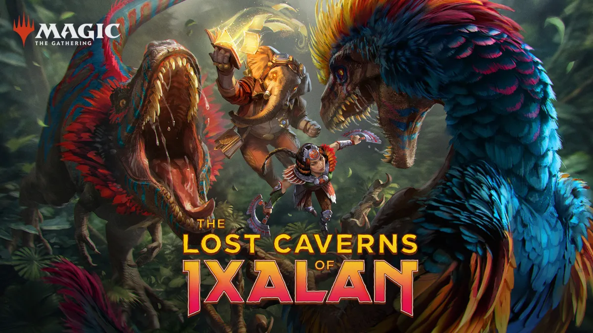 Dinosaurs fighting in Magic the Gathering. This image is part of an article ranking the Magic the Gathering Lost Caverns of Ixalan Commander Decks.