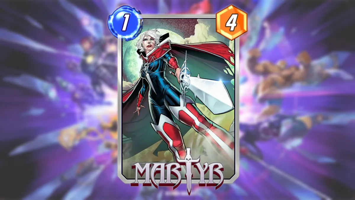 Martyr in Marvel Snap against a blurred version of the game's logo.