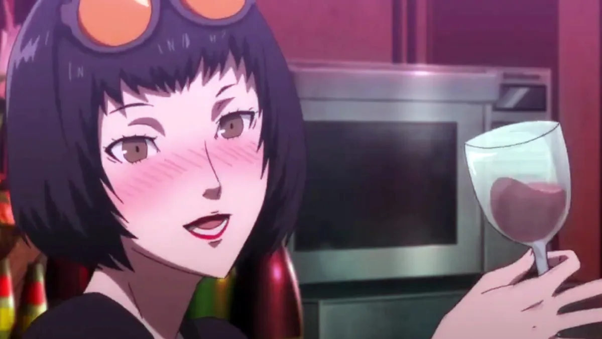 An image showing Ichiko Ohya in Persona 5 as part of an article on how, although she's often considered the worst confidant, she deserves more love. The image shows her holding a wine glass at the Crossroads bar. She has short black hair and sunglasses on her head.