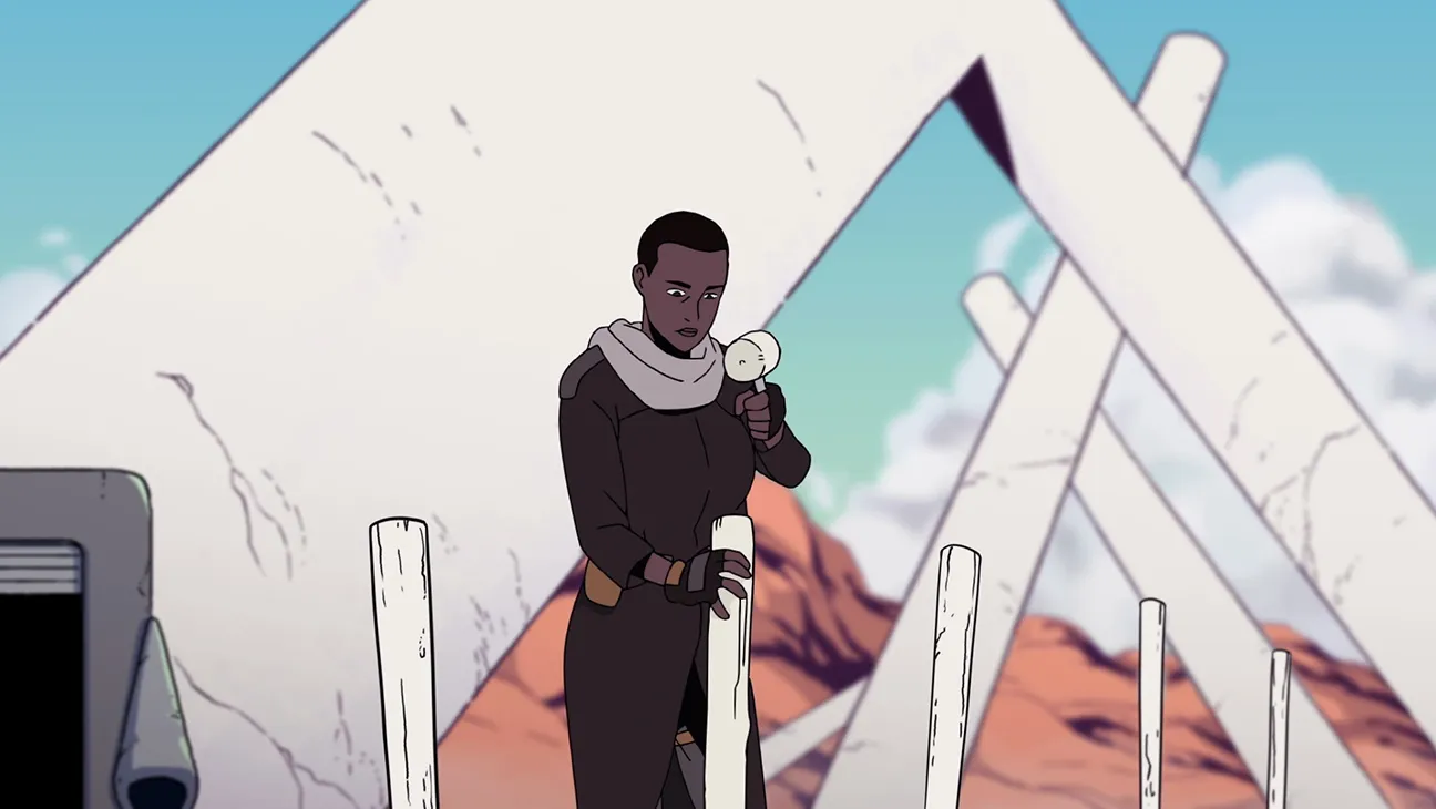 A man building something in Scavengers Reign.