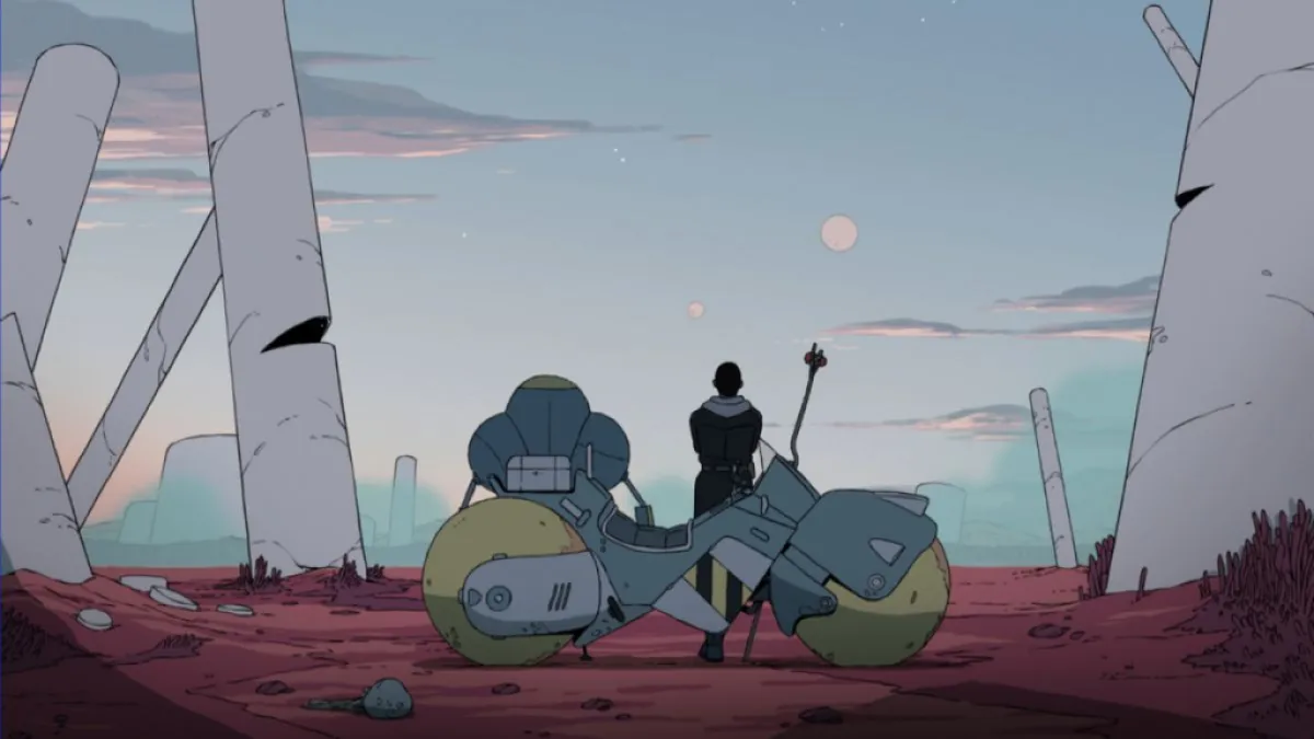 Azi watches the horizon with Levi in Scavengers Reign. This image is part of an article about the best animated tv shows of 2023.