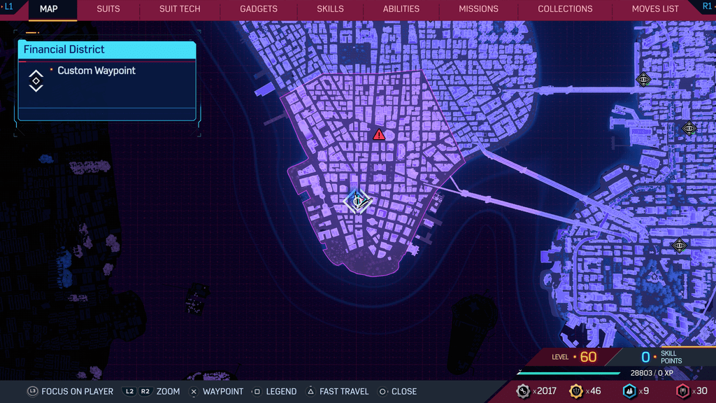 Una imagen que muestra un mapa de la ciudad de Nueva York en Marvel's Spider-Man 2 como parte de un artículo sobre dónde encontrar el trofeo científico que otorga a los jugadores el "Dejar ir" trofeo.