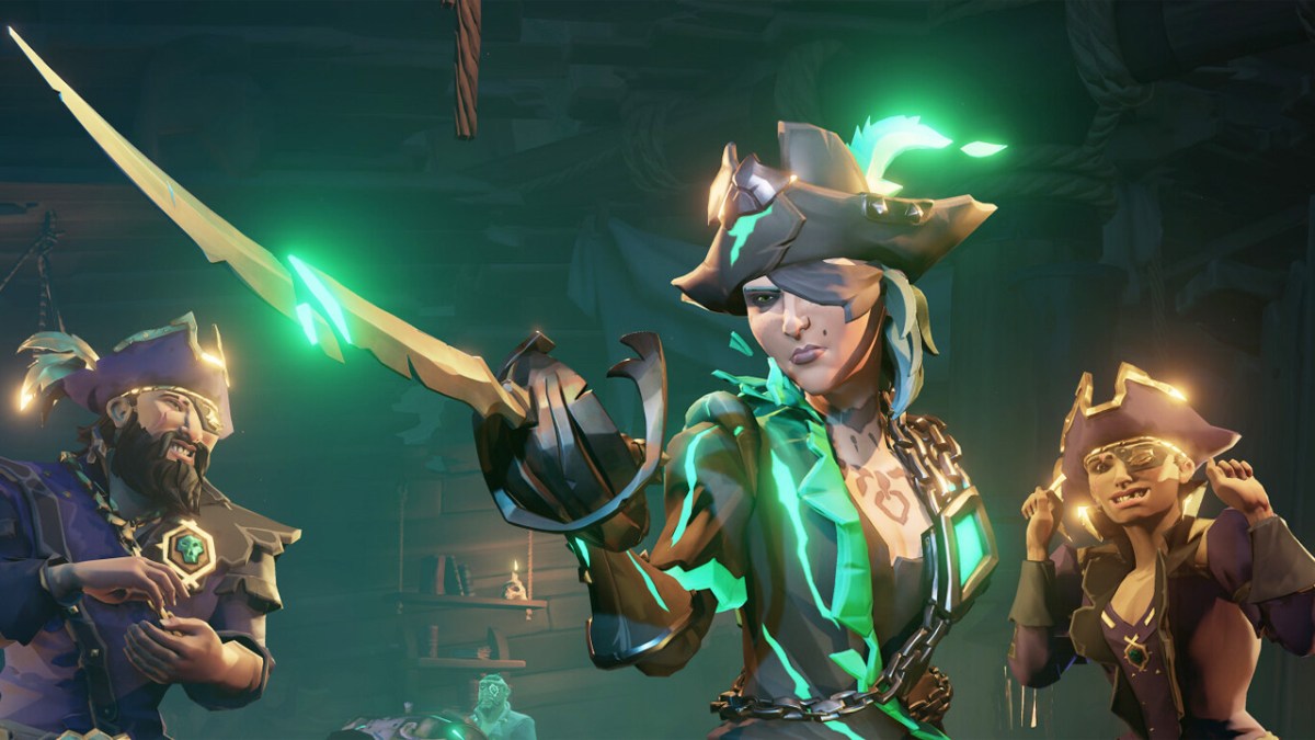 Three Sea of Thieves pirates, one with her cutlass out. This image is part of an article discussing whether Sea of Thieves is crossplay or cross-platform.