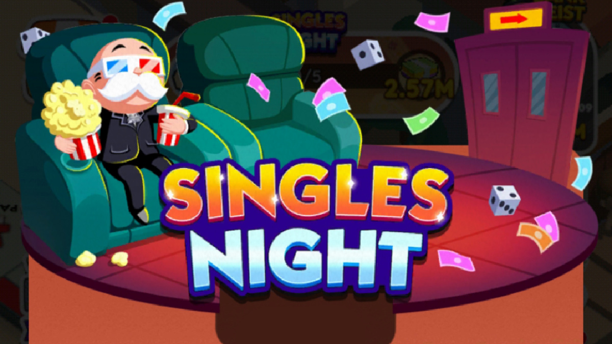 A header image for the Singles Night event in Monopoly GO showing Rich Uncle Pennybags sitting in a recliner and watching a movie. He has 3d glasses on and is holding popcorn.