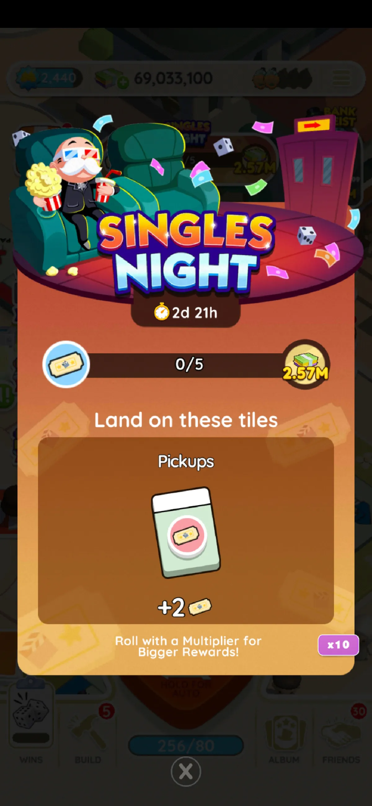 A full-sized image for the Singles Night event in Monopoly GO showing Rich Uncle Pennybags sitting in a recliner and watching a movie. He has 3d glasses on and is holding popcorn. The image is part of an article detailing all the rewards, prizes, and milestones players can get as part of the "Singles Night" event in Monopoly GO.