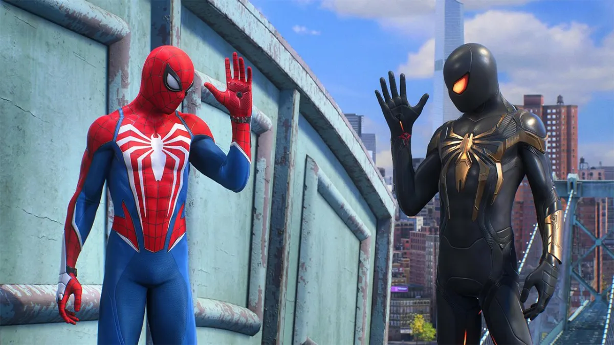 Miles Morales and Peter Parker wave to each other