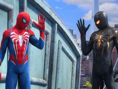 Miles Morales and Peter Parker wave to each other