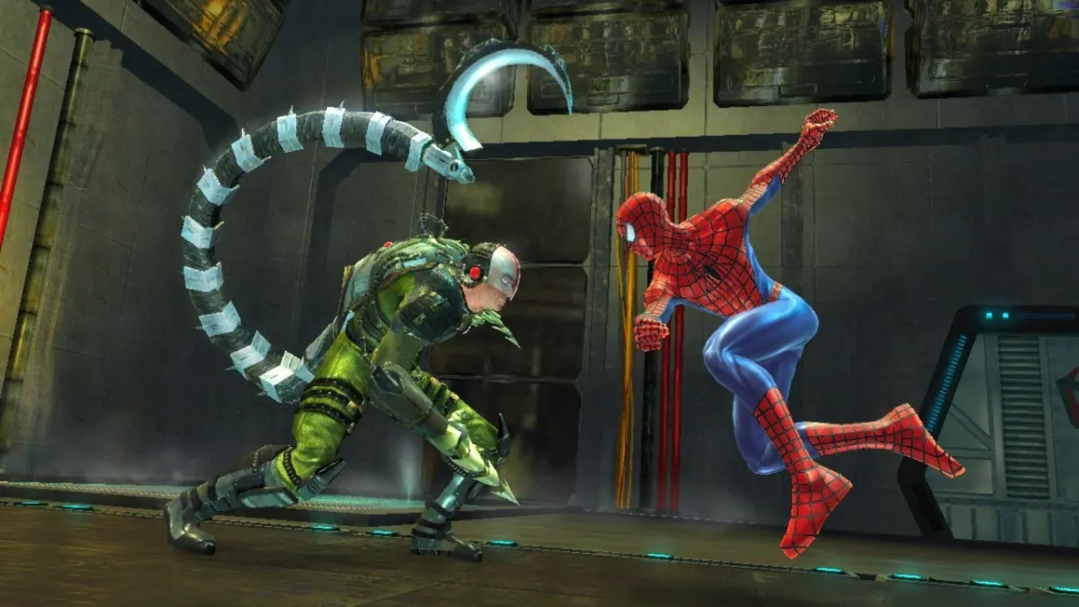 Peter Parker fighting Scorpion in Spider-Man 3.