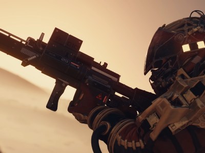 A trooper hoists a rifle on the horizon