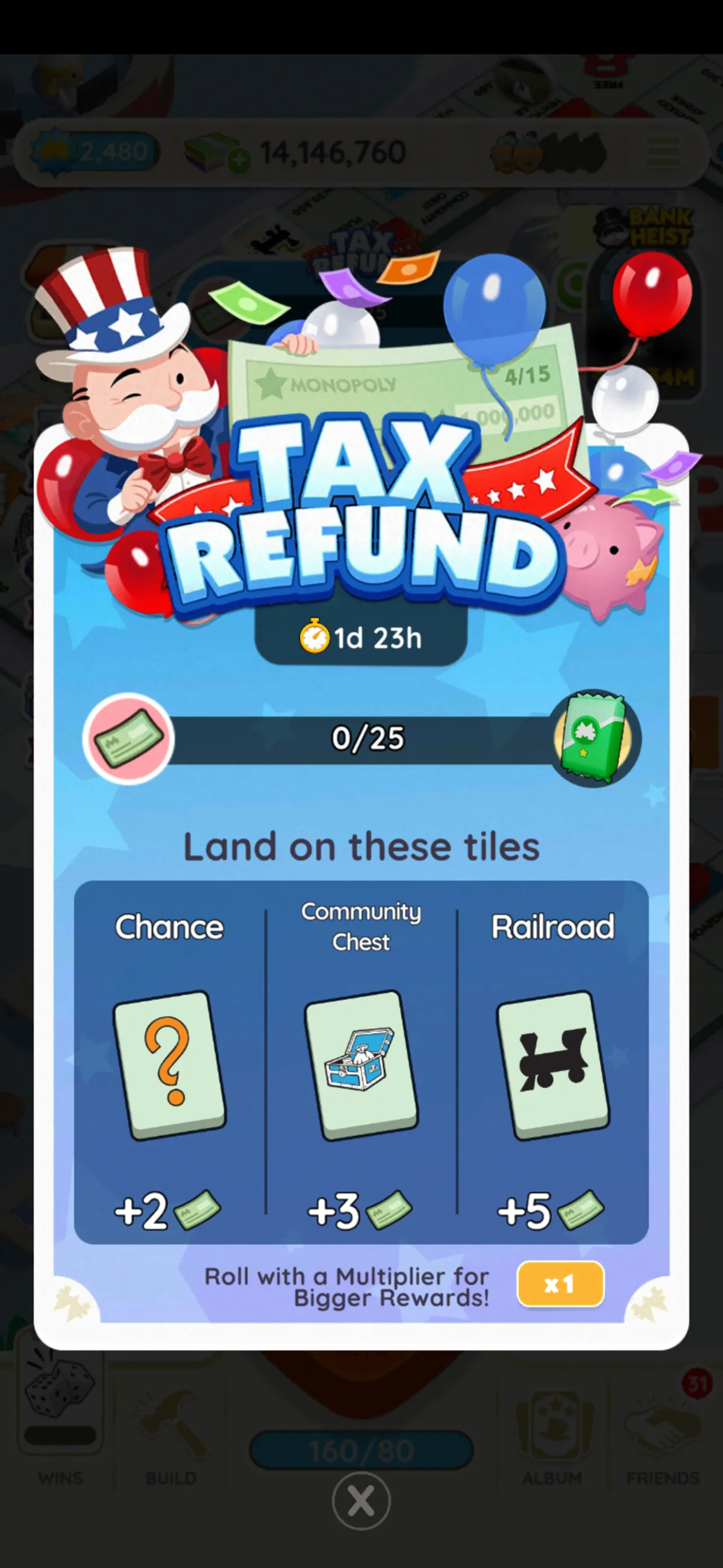 An image for the Tax Refund event showing Rich Uncle Pennybags dressed up as Uncle Sam and holding a giant check. The image is part of an article on the Tax Refund event in Monopoly GO on all the rewards, milestones, and prizes you can get for the event as well as how to play and win.
