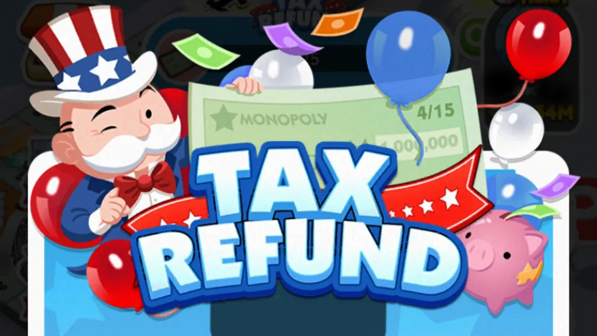 A header for the Tax Refund event showing Rich Uncle Pennybags dressed up as Uncle Sam and holding a giant check.
