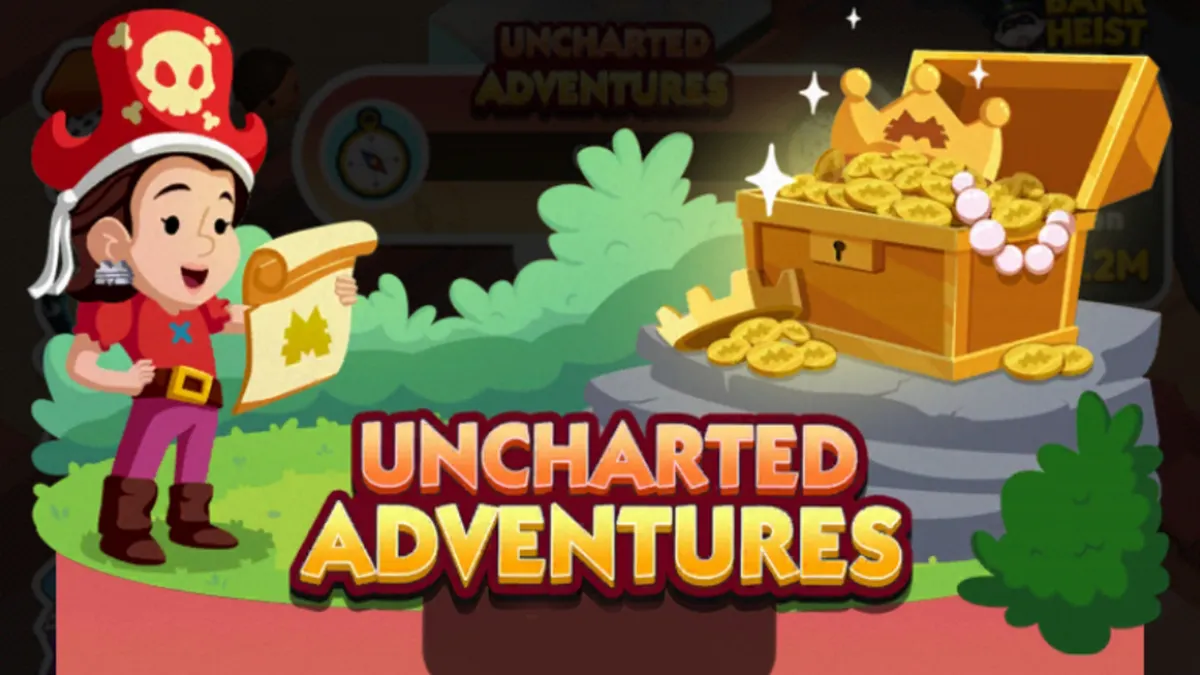 A header-sized image for the Uncharted Adventures event in Monopoly GO showing a woman reading a map on the right-side of the image while there's a treasure chest on the right-side.
