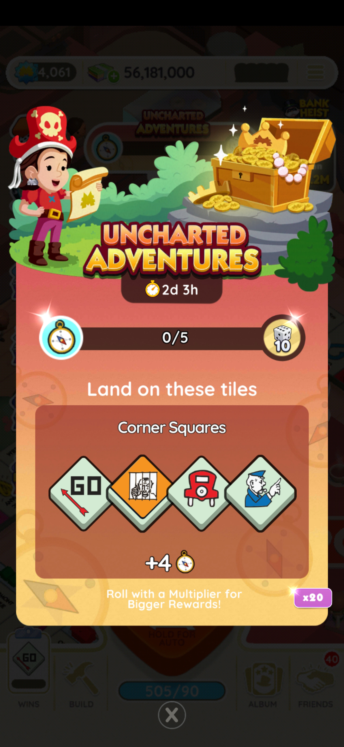A header-sized image for the Uncharted Adventures event in Monopoly GO showing a woman reading a map on the right-side of the image while there's a treasure chest on the right-side. The image is part of a list article on all the prizes, rewards, milestones list for the Uncharted Adventures event in Monopoly GO. 