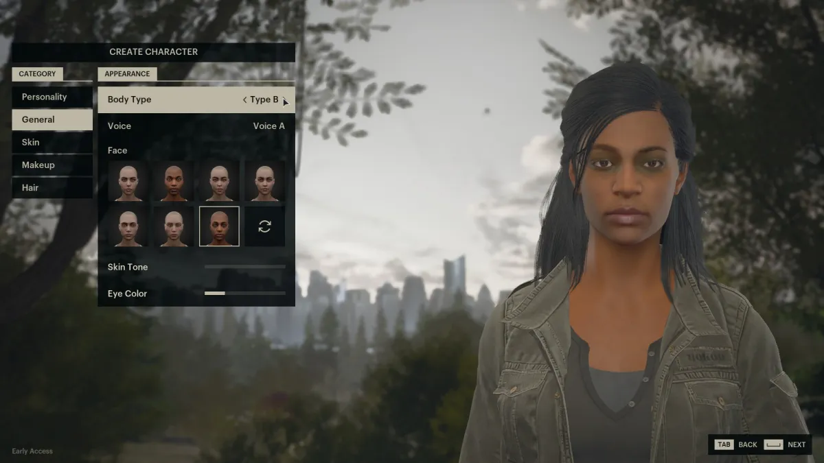 A character creation screen, with the player choosing voice, face, skin tone and eye colour. 