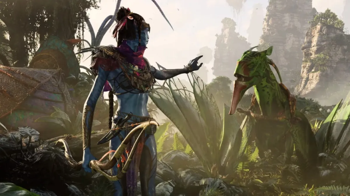 Image of blue-skinned woman with a bow reaching her hand out to a flying creature in a forest in Avatar: Frontiers of Pandora.