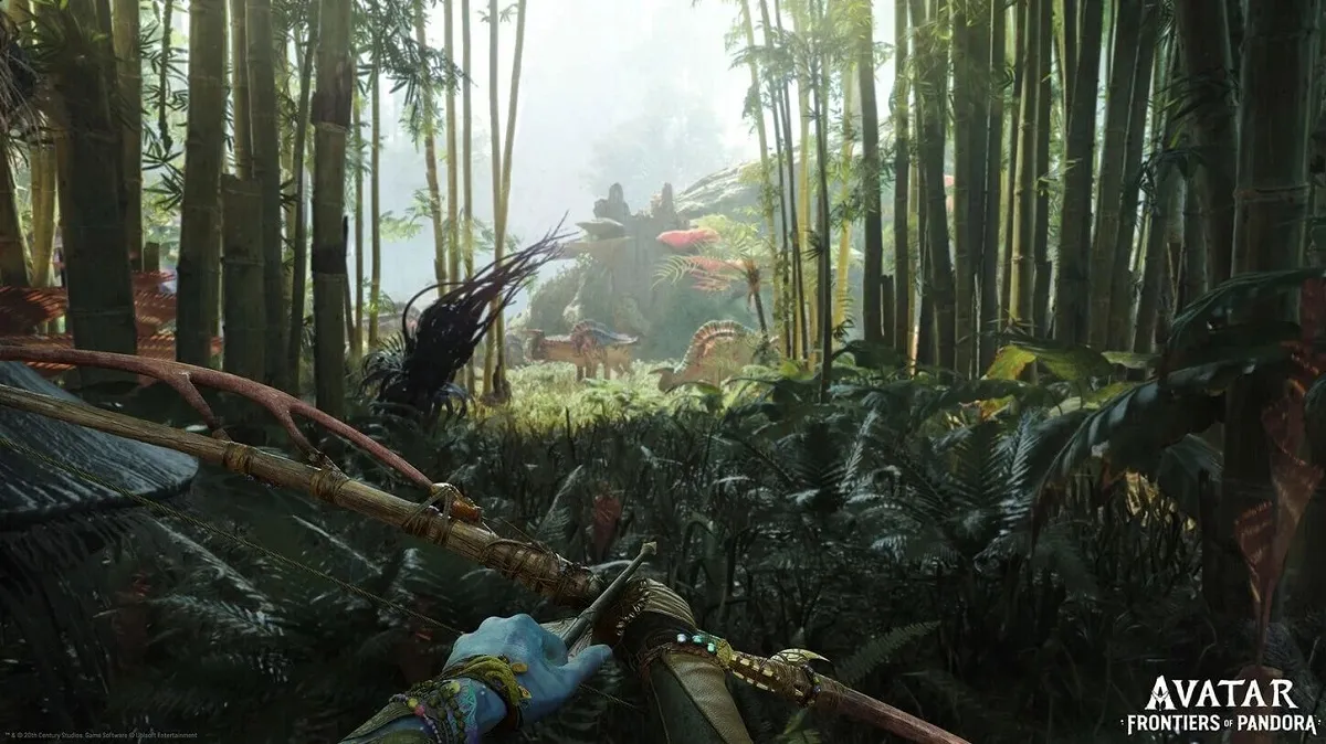 Image of a bowman creeping up on animals inside a jungle in Avatar: Frontiers of Pandora.