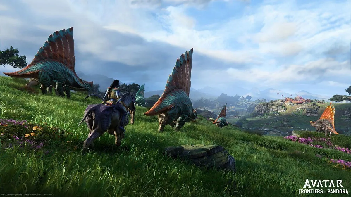 Image of a blue-skinned woman riding a horse-like creature through a grassy plain with creatures in Avatar: Frontiers of Pandora.