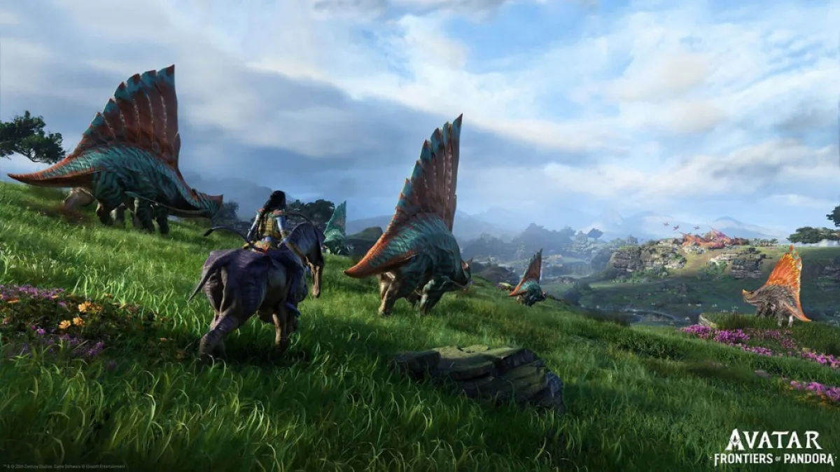 Image of blue-skinned woman riding on a horse-like creature in an grassy plain in Avatar: Frontiers of Pandora.