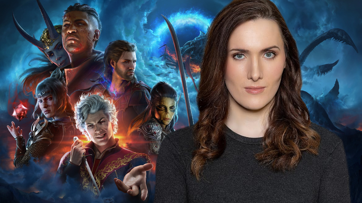 Abigail Thorn in Baldur's Gate 3, a woman with brown hair against the background of Baldur's Gate 3's key art. 