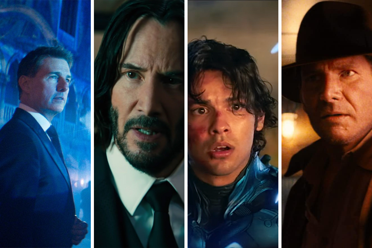 Ethan Hunt, John Wick, Blue Beetle, and Indiana Jones in a cropped image. This image is part of an article about the best action movies of 2023.