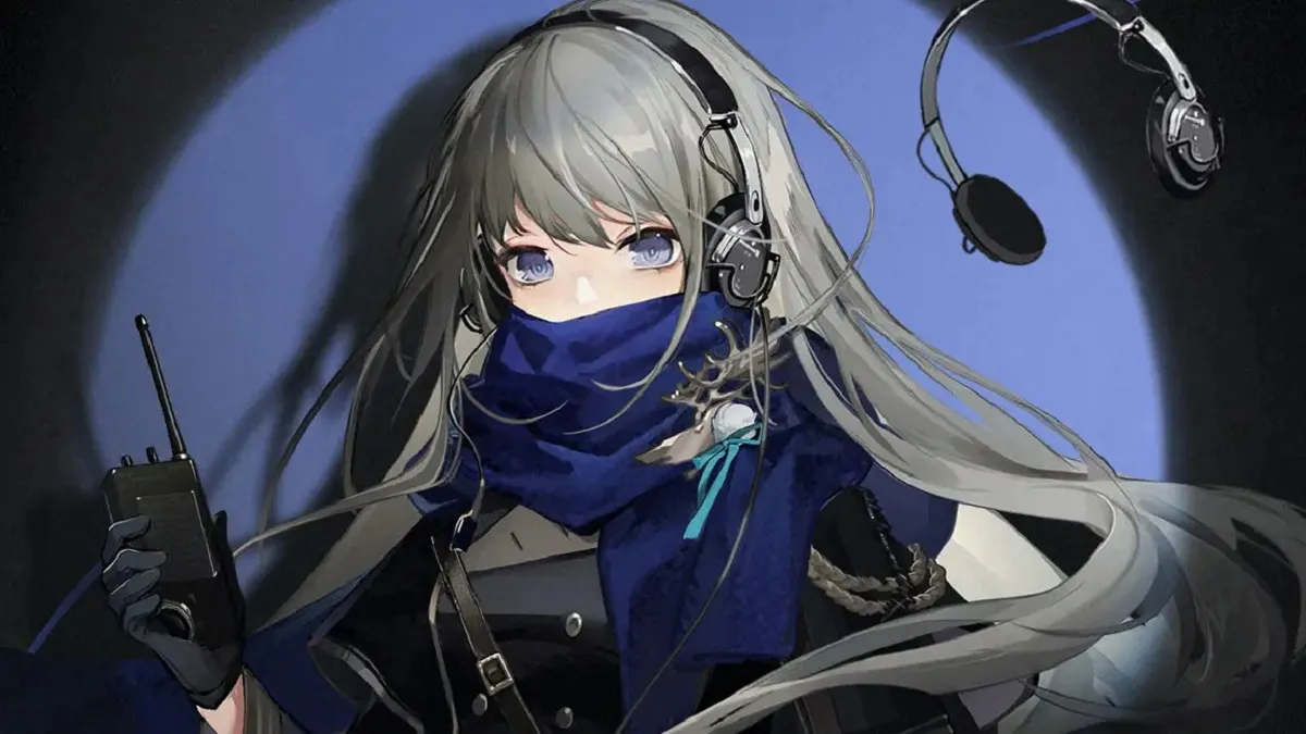 Image of silver-haired woman with a blue scarf and black headphones standing by a blue wall in Reverse: 1999 artwork.