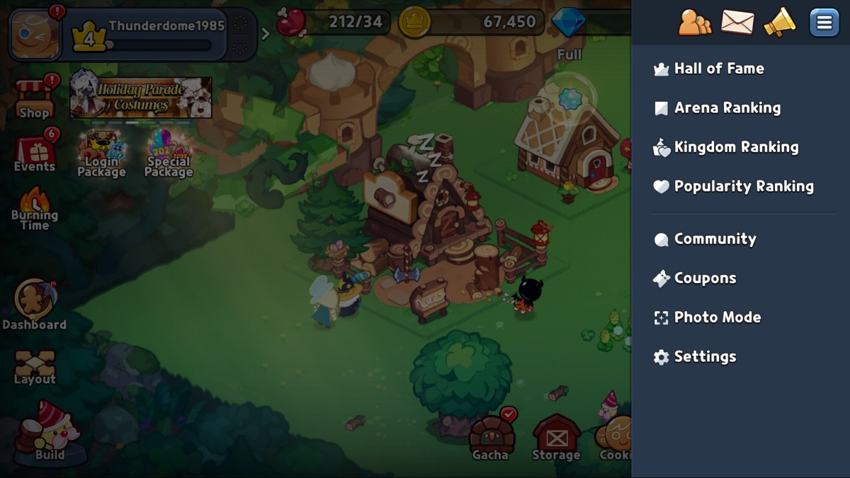 An image from Cookie Run: Kingdom showing a village with the menu screen open showing several different options. The image is part of an article on all the codes and coupons available for Cookie Run: Kingdom and how to redeem them.