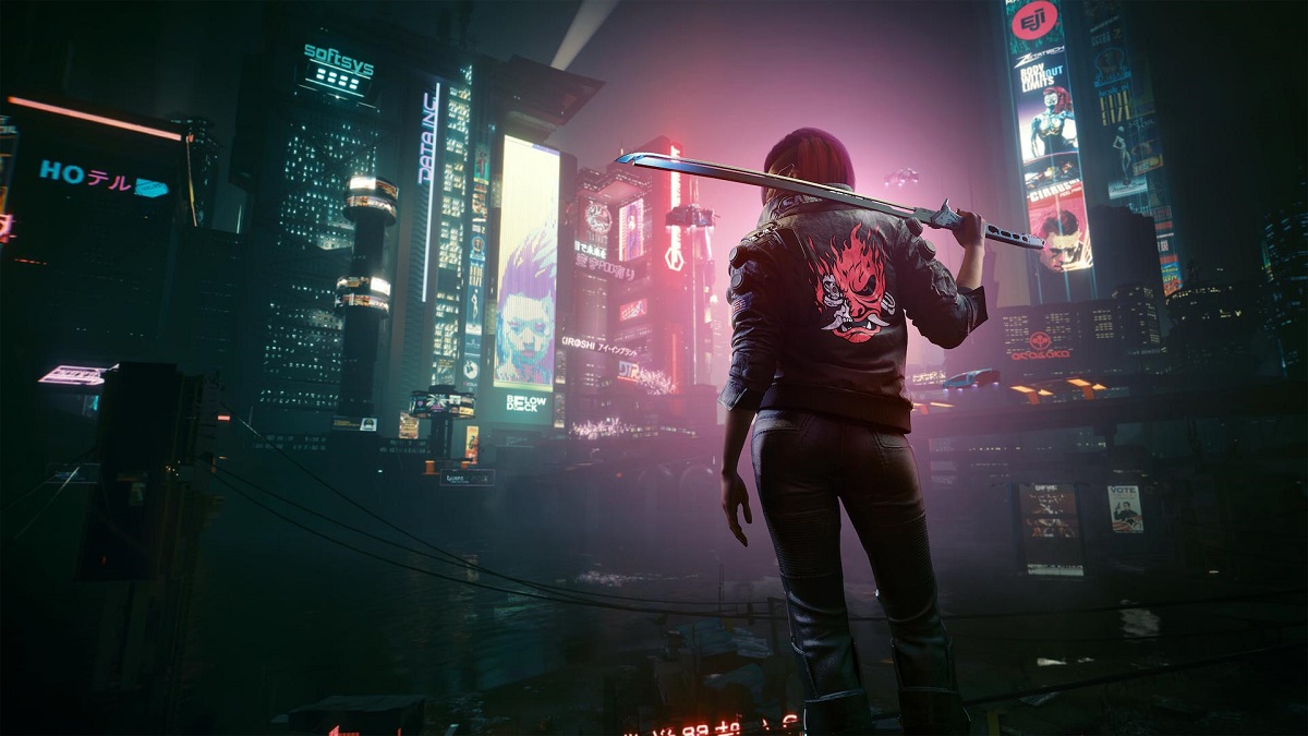 Image of female with a katana in a fiery skull biker jacket overlooking a night city in Cyberpunk 2077.