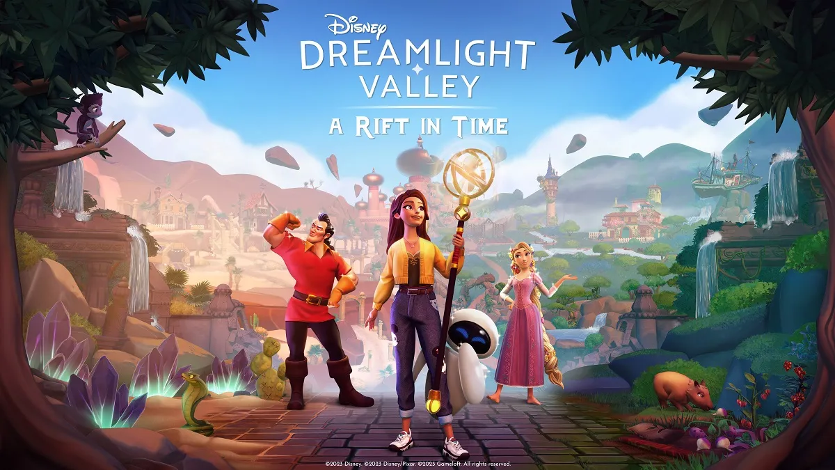 Image of female character holding a magical staff and surrounded by Disney characters in Disney Dreamlight Valley A Rift in Time DLC artwork.