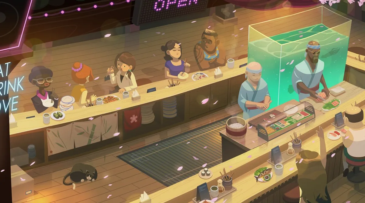 Artwork of the restaurant in Dave the Diver with customers inside and chefs cooking. 