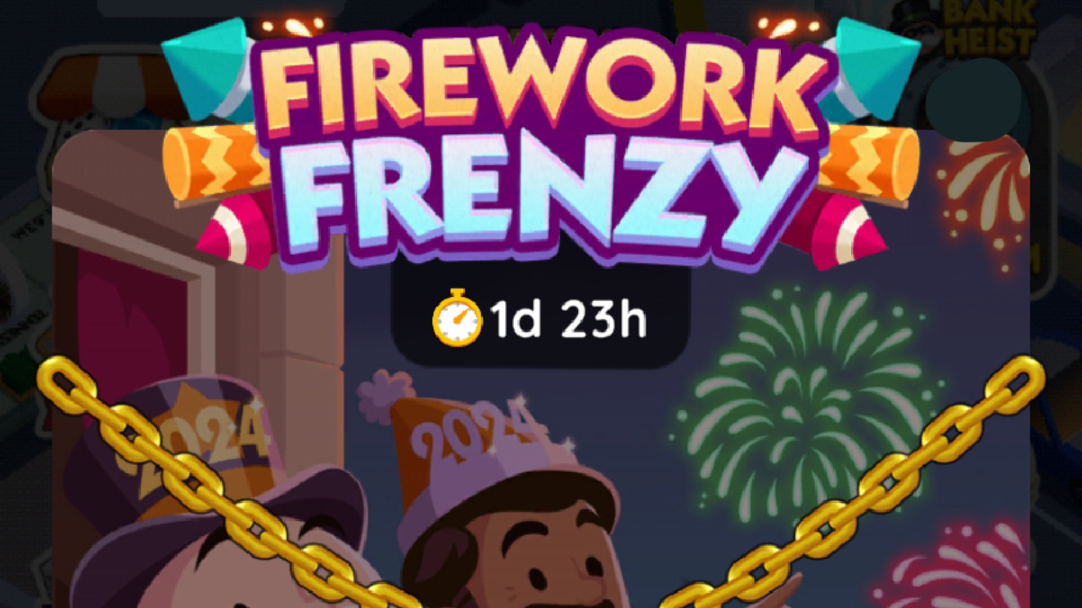 A header image for the Firework Frenzy tournament in Monopoly GO showing the logo for the event.