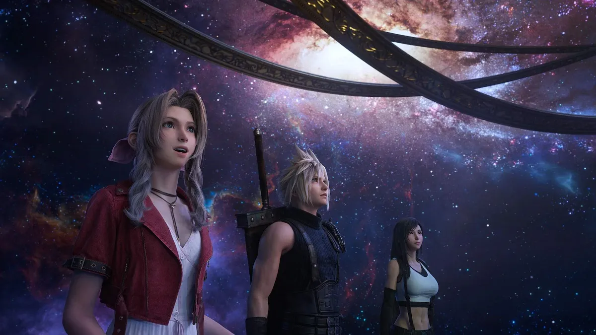 Image of Aerith, Cloud, and Tifa standing inside an astronomy room with stars and galaxies in Final Fantasy VII Rebirth.