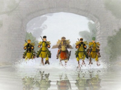 A header image for Final Fantasy Tactics showing five people on Chocobo riding towards the viewer as they kick up water under them.