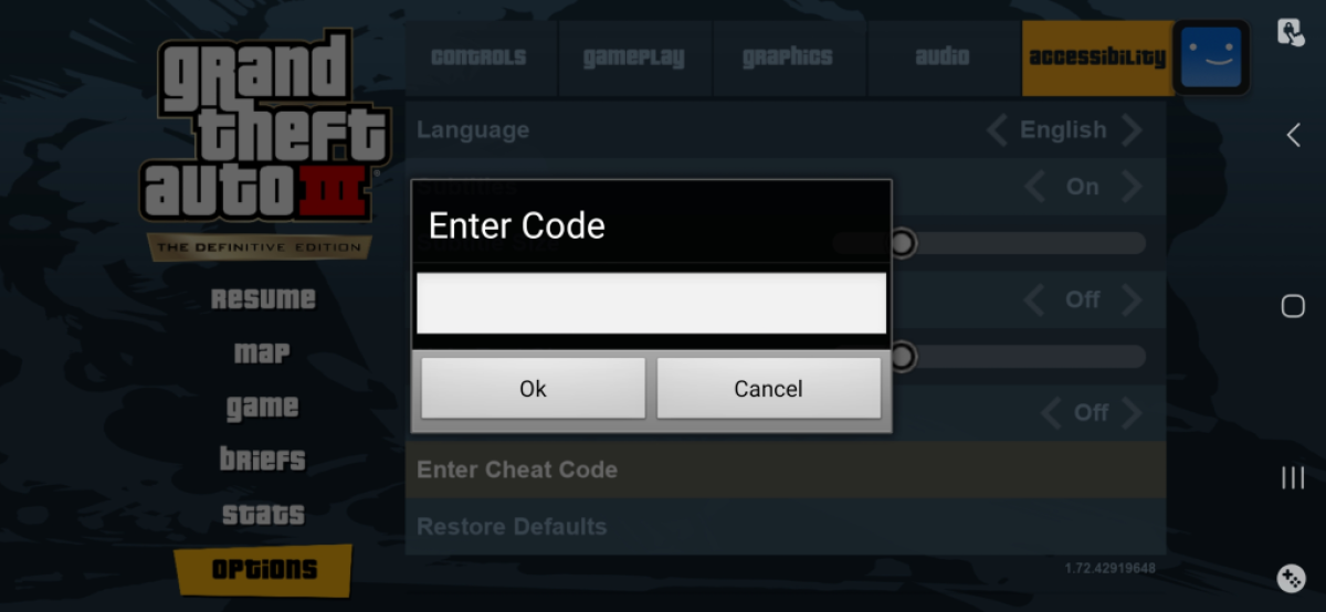 An image showing the option menu for Grand Theft Auto 3 with the prompt to enter a cheat code, as part of all the cheat codes in GTA 3.
