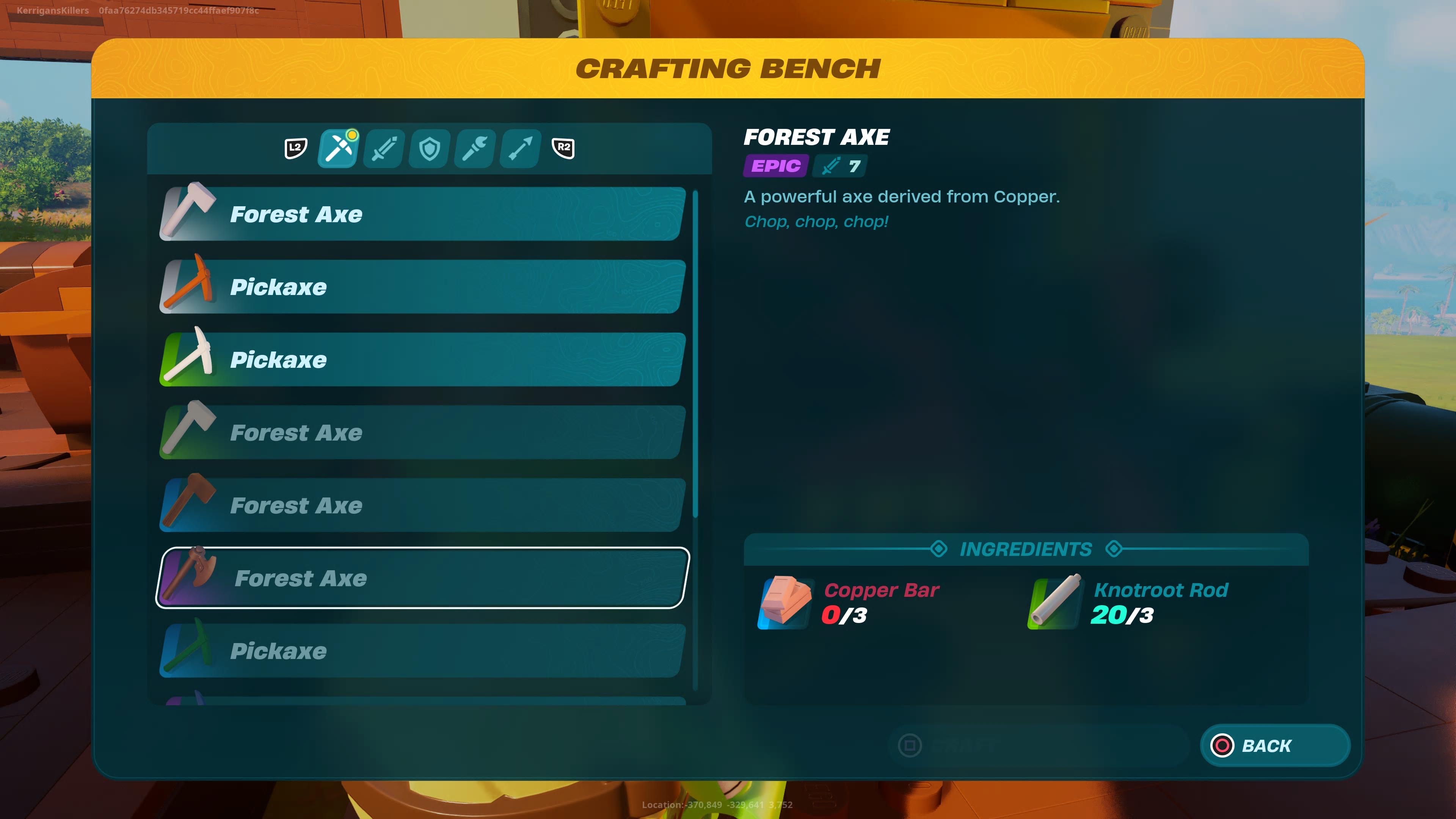The Forest Axe recipe in LEGO Fortnite. This image is part of an article about how to get Frostpine in LEGO Fortnite.