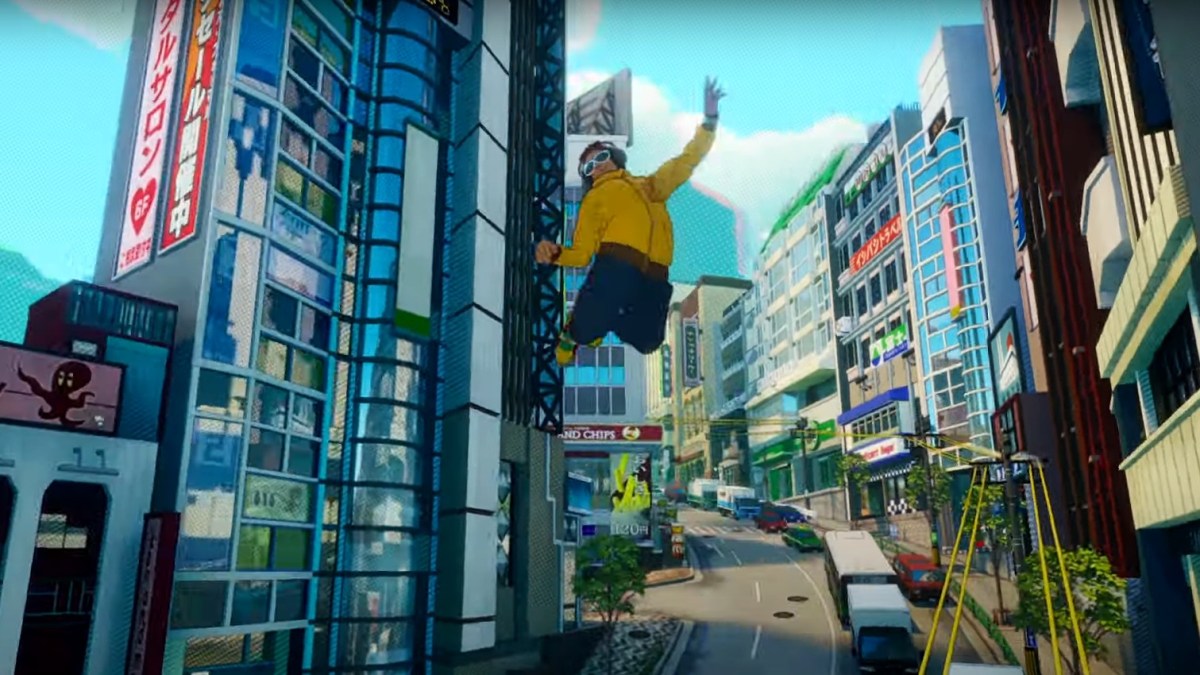 The main character of Jet Set Radio hanging in the air against an urban backdrop.