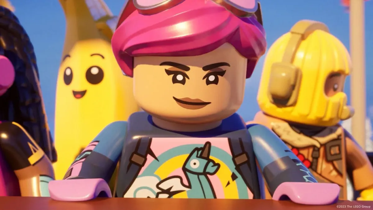 Image of LEGO woman with pink hair and googles smirking in LEGO Fortnite. This image is part of an article of All Patch Notes for Lego Fortnite Update 29.10
