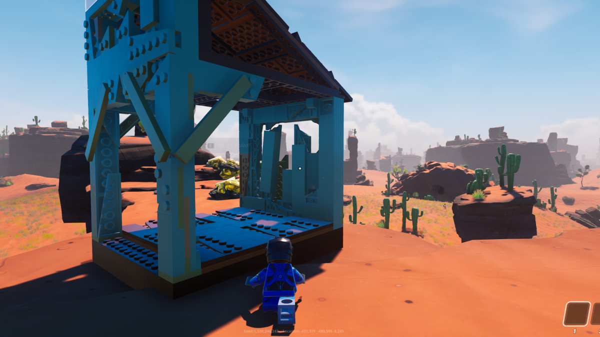 A shelter in the Dry Valley biome in LEGO Fortnite. This image is part of an article about how to prevent heat damage in LEGO Fortnite.