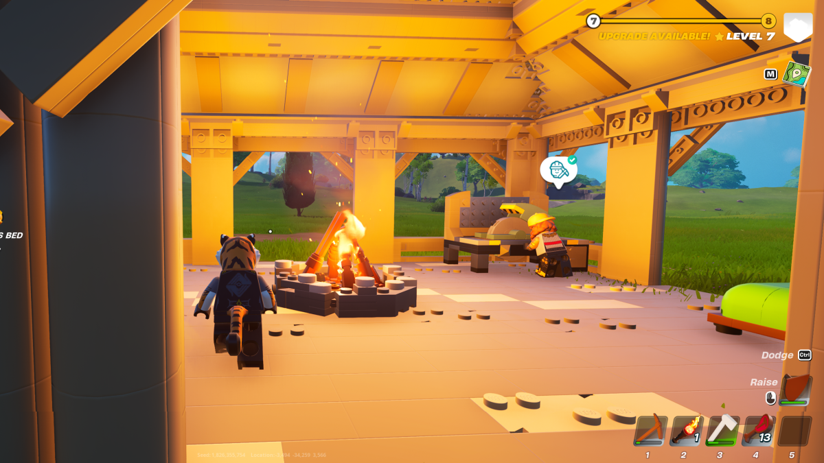 A player standing next to a campfire in LEGO Fortnite.
