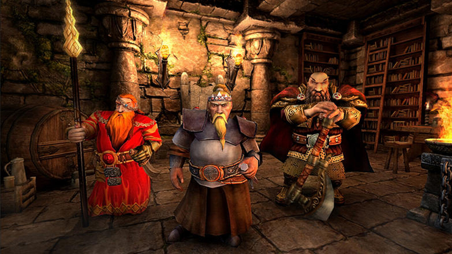 A still from Might & Magic X: Legacy featuring three fantasy characters standing against a fire-lit wall.