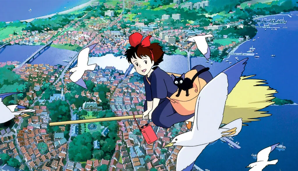 Kiki flying on a broom. This image is part of a ranking of all of Hayao Miyazaki's movies.