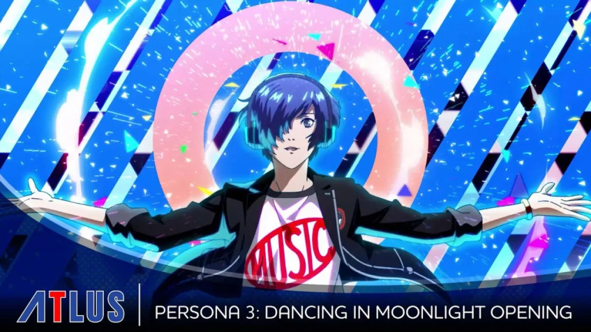 An image for Persona 3: Dancing in Moonlight that shows the protagonist standing against a blue background, He's wearing a shirt that says "music."