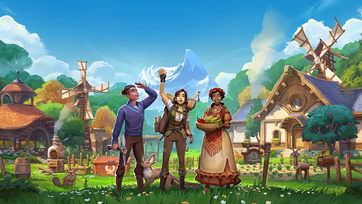 Image of three villagers in comfortable attire standing near houses and windmills in a grassy town in Palia artwork.