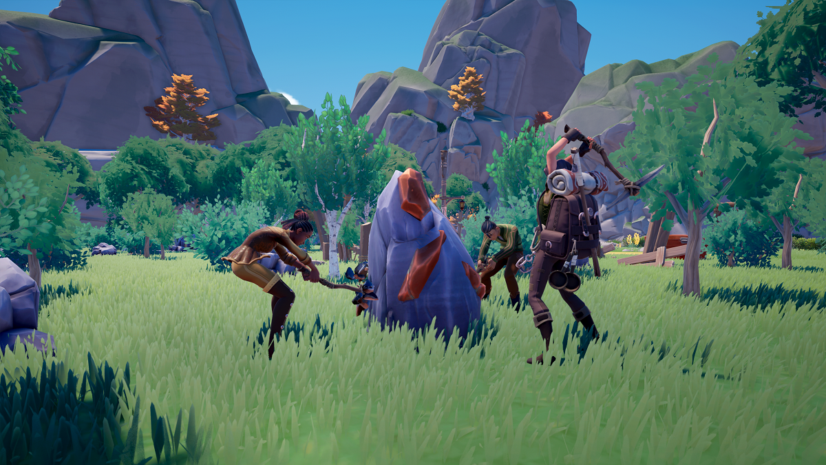 Image of three players in traveling gear hitting a gem-covered stone in the wilderness in Palia.