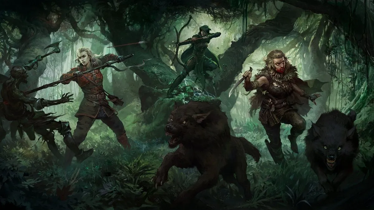 Image of female with spear in leather armor fighting off monsters in thick woods in Path of Exile 2 artwork.