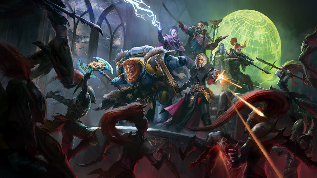 Image of armored men and women with guns and strange powers fighting off a mob of feral monsters inside a dark room in Warhammer 40k: Rogue Trader artwork.