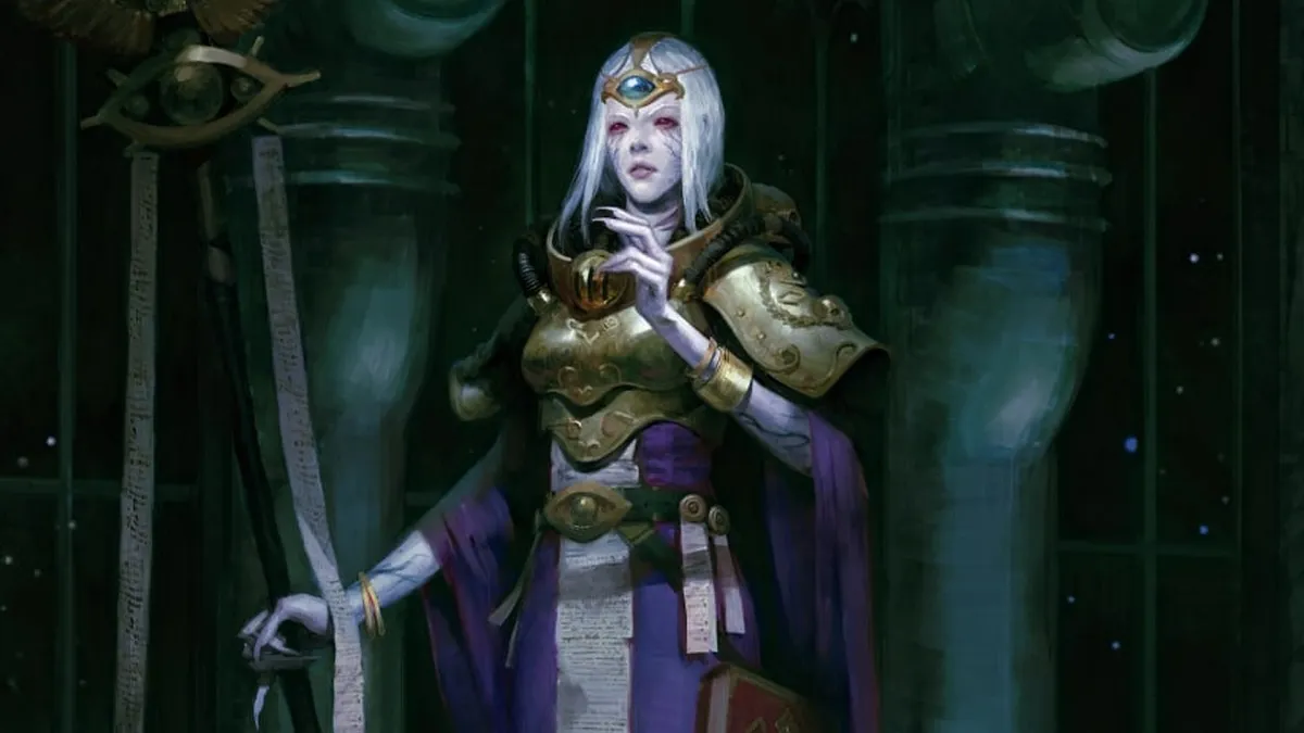 White-haired woman with red eyes standing in a dark room with pillars in Warhammer 40K: Rogue Trader artwork.