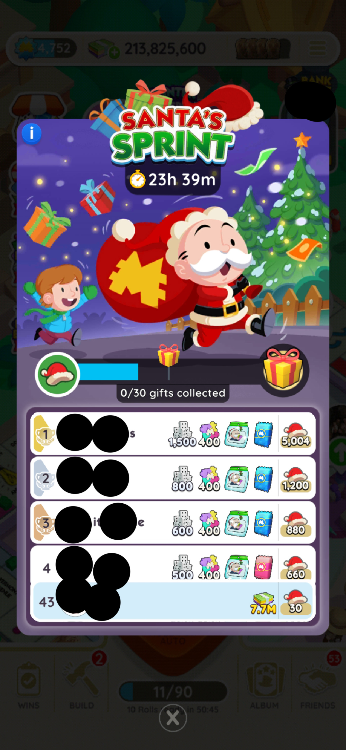 A header image for the Santa's Sprint event in Monopoly GO that shows Mr. Monopoly running around dressed up as Santa Claus while a child chases him. The image is part of an article on all the rewards and milestones available as part of the Santa's Sprint event in Monopoly GO.
