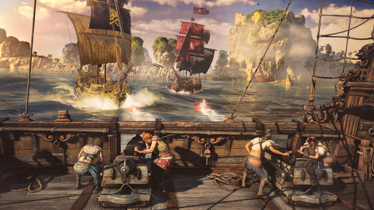 Image of a band of pirates on a ship preparing cannon to shoot at other pirate ships at sea in Skull and Bones.